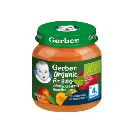 Gerber voćna kašica za bebe i malu djecu s jabukom, breskvom i marelicom, od 4 mjeseci, 125gGerber voćna kašica za bebe i malu djecu s jabukom, breskvom i marelicom, od 4 mjeseci, 125g