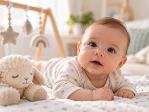 Beba od 3 meseca leži na stomaku i posmatra igračke