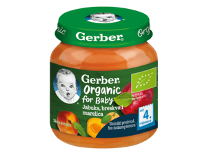 Gerber voćna kašica za bebe s jabukom, breskvom i marelicom, od 6 mjeseci, 125g