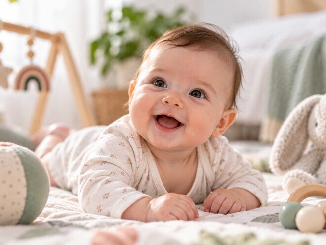 Beba od 4 meseca leži na leđima i pruža ruku prema igrački