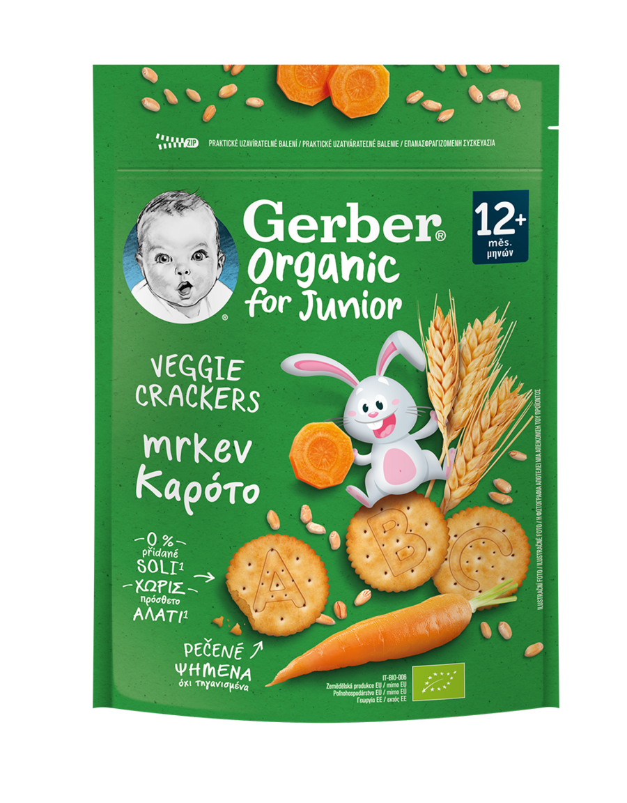 Photo of Gerber Organic Junior green pouch of veggie crackers with vegetable illustrations