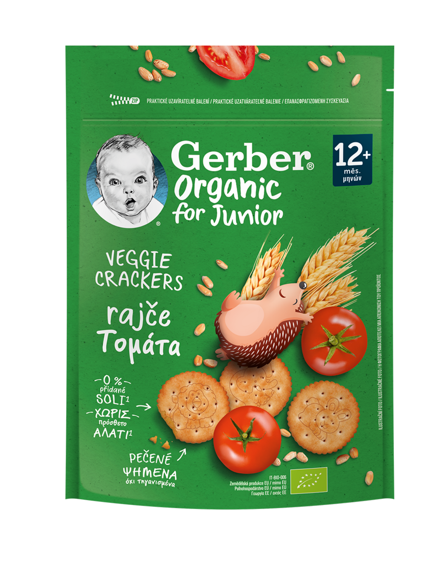Green Gerber Organic Junior veggie cracker package with baby-face logo, tomatoes and wheat