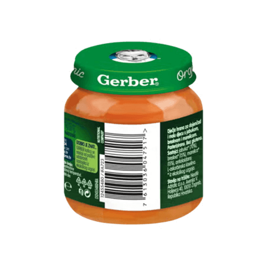 Gerber voćna kašica za bebe i malu djecu s jabukom, breskvom i marelicom, od 4 mjeseci, 125g