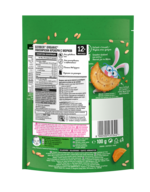 Green snack bag back with nutrition facts, barcode and smiling cookie mascot with bunny ears