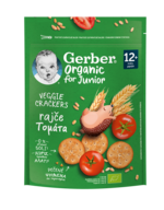 Green Gerber Organic Junior veggie cracker package with baby-face logo, tomatoes and wheat