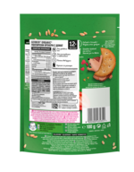 Back of green snack package with nutrition facts and smiling sesame cracker graphic.